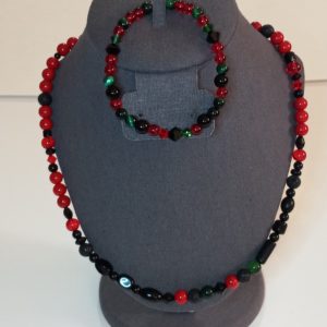 Unisex Red, Black & Green Necklace & Bracelet Set