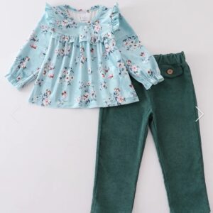 Girl's "Velvet Floral Ruffle Pants Set"